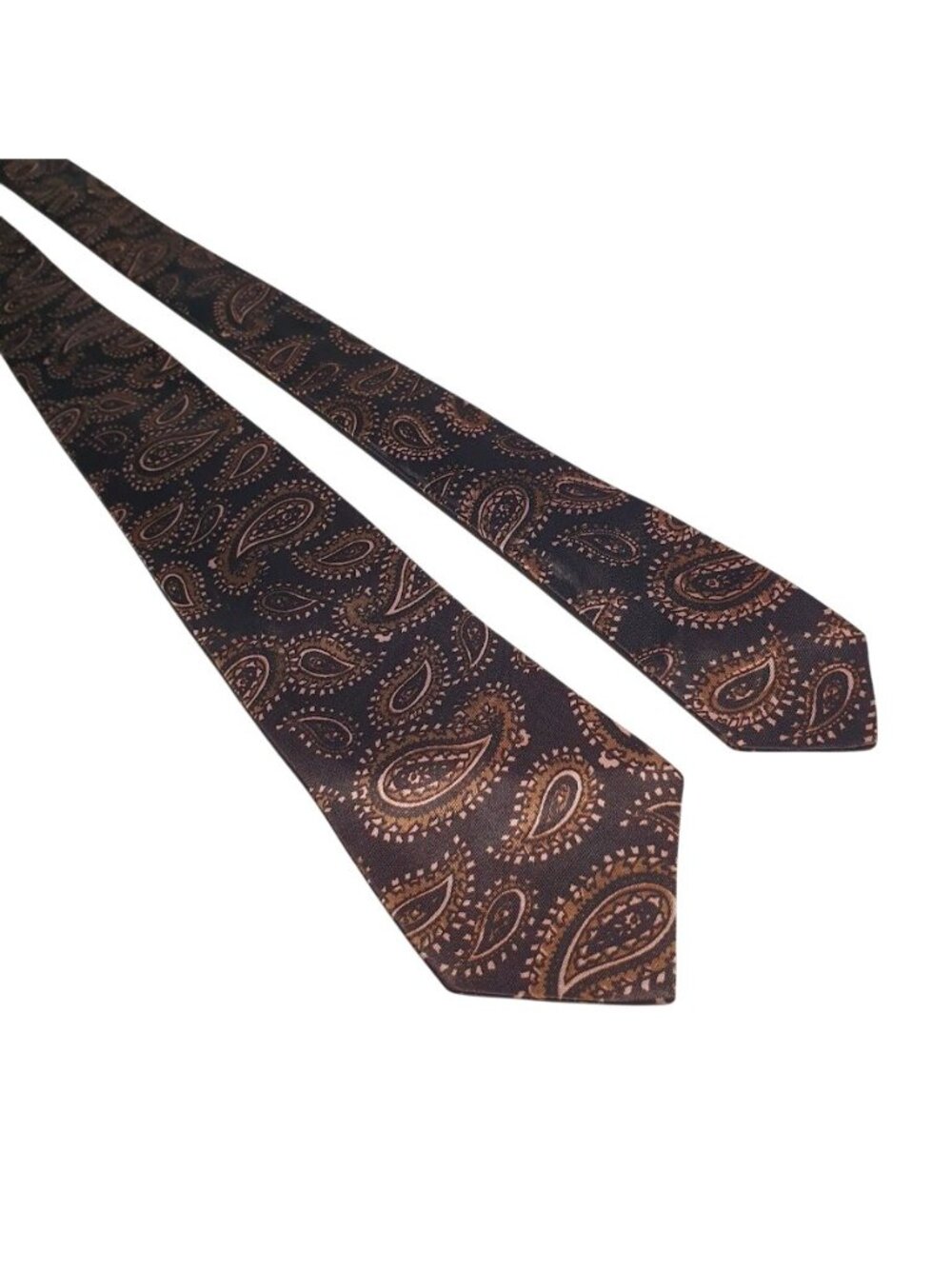Vintage Mens Paisley Necktie Tie Brown Gold Polyester Slim Skinny Office Gift